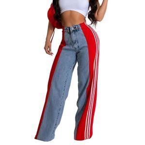 High Waisted Wide Leg Patchwork Stripes Stretchy Jean, SIZE SMALL, 6J-143B004